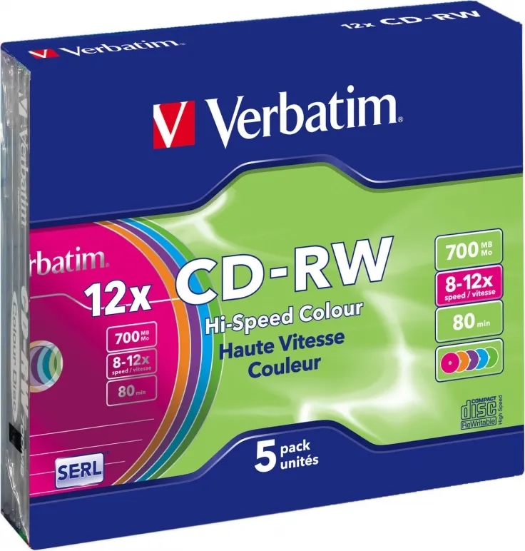 CD-RW VERBATIM 700MB, 80min, viteza 8-12x, 5 buc, carcasa, Colour 12x
