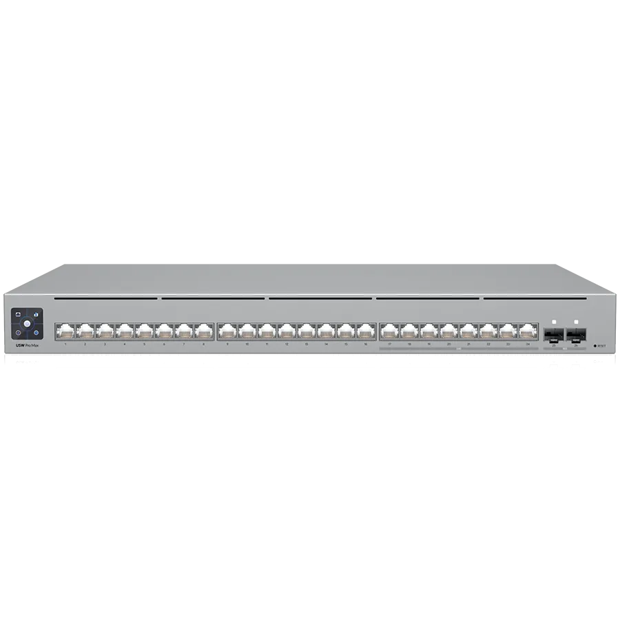 UBIQUITI UNIFI PRO MAX SWITCH 24-PORTPOE, interfata de retea (16) porturi GbE RJ45, (8) porturi 1/2,5 GbE RJ45, (2) porturi 10G SFP+, capacitate comutare 112 Gbps, AC/DC, internă, 450W, PoE disponibil 400W