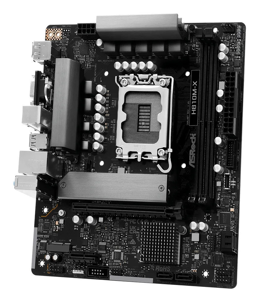 Placa de baza AsRock "H810M-X ", skt. LGA 1851, chipset Intel H810, mATX, 2 x DDR5 max. 128 GB, USB 3.2 gen1 A, Type-C, USB 2.0, 2.5 GHz Lan, 4 x SATA, 2 x M.2, PCIe 4.0, HDMI, VGA, DisplayPort, "H810M-X "