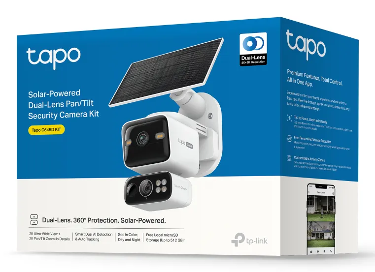 Solar-Powered Dual-Lens Pan/Tilt Cam kit, 1/2.8" Progressive Scan CMOS Sensor, Pan Mechanical Range: 334° (360° Pan Coverage), Tilt Mechanical Range: 90° (120° Tilt Coverage), Fixed Lens: 2K 3MP (2304 × 1296 px) Pan/Tilt Lens: 2K 3MP (2304 × 1296 px)