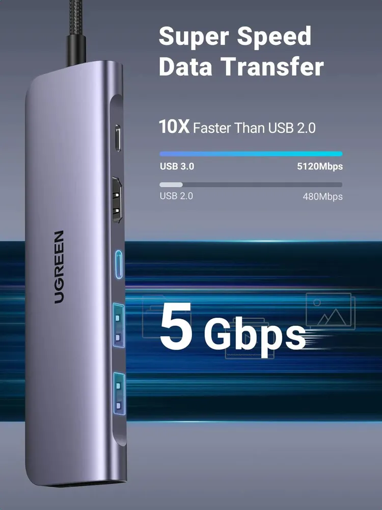 DOCKING Station Ugreen, CM195 conectare PC USB Type-C, USB 3.0 x 2|HDMI x 1/4K/30Hz|Card reader x 1|USB Type C x 1 PD 100W, aluminiu, gri 15214