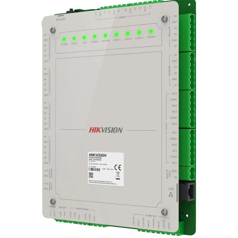 Centrala control acces Hikvision DS-K2624X, pentru 4 usi bidirectionale(8 citittoare); Capacitate de stocare: 100,000 cartele si 300,000 evenimente; Comunicare: TCP/IP si RS-485; Compatibilitate cititoare: 4xWiegand sau 8x RS485; Intrari: 8 alarm input, Door Sensor x 4, Door Switch x 4, Fire Alarm