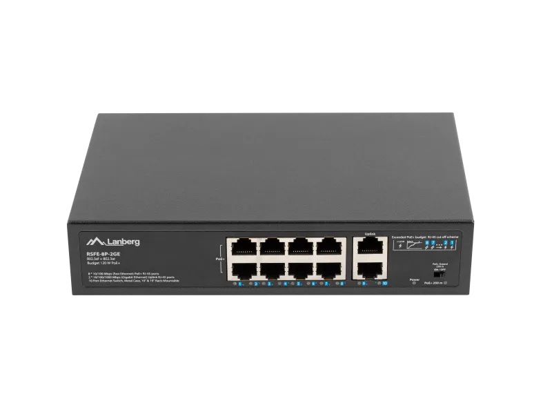 LANBERG switch PoE 19inch 10-port 100MB 8 ports PoE 30W/port max 120w RSFE-8P-2GE unmanaged