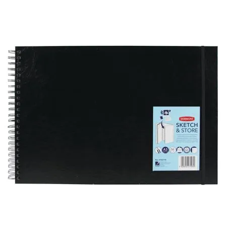 Caiet pentru schite si desen Derwent Professional hartie alba A3 cu spira 56 coli 165 gsm mapa inclusa calitate premium negru-vinil