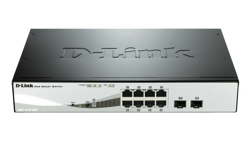 SWITCH PoE D-LINK Smart  8 porturi  Gigabit (8 PoE) + 2 porturi SFP, IEEE 802.3af/at, carcasa metalica, rackabil, "DGS-1210-08P"(timbru verde 2 lei)