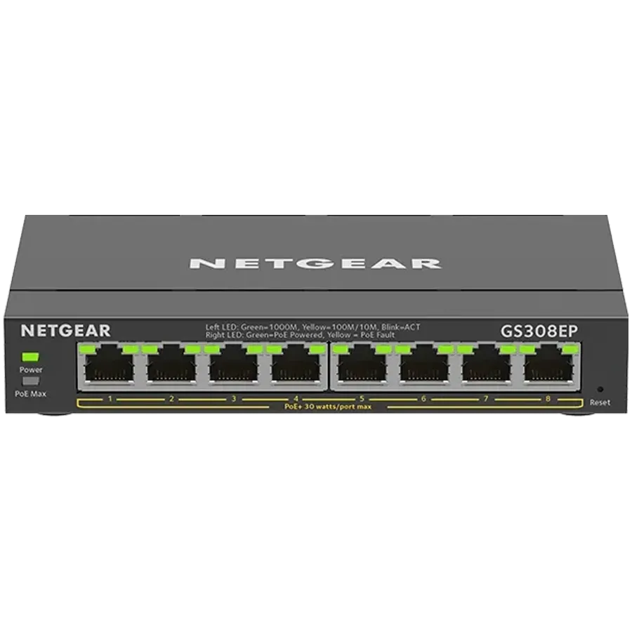 NETGEAR 8-Port Gigabit Ethernet PoE+ Plus Switch (GS308EP) Gestionate L2/L3 Gigabit Ethernet (10/100/1000) Power over Ethernet (PoE) Suport Negru