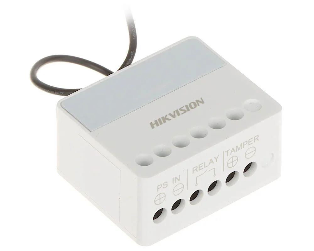 Modul releu AXPRO Hikvision DS-PM1-O1L-WE, 1 x NO/NC (0~36 V DC, Max 5 A), comunicare 868 MHz two-way wireless, criptare AES-128, distanta de comunicare RF: 1800m, in camp deschis, 1x buton invatare( pentru inregistrare), 3 x Led stare: Register/Signal (Green/Red), Power (Green), Relay Status