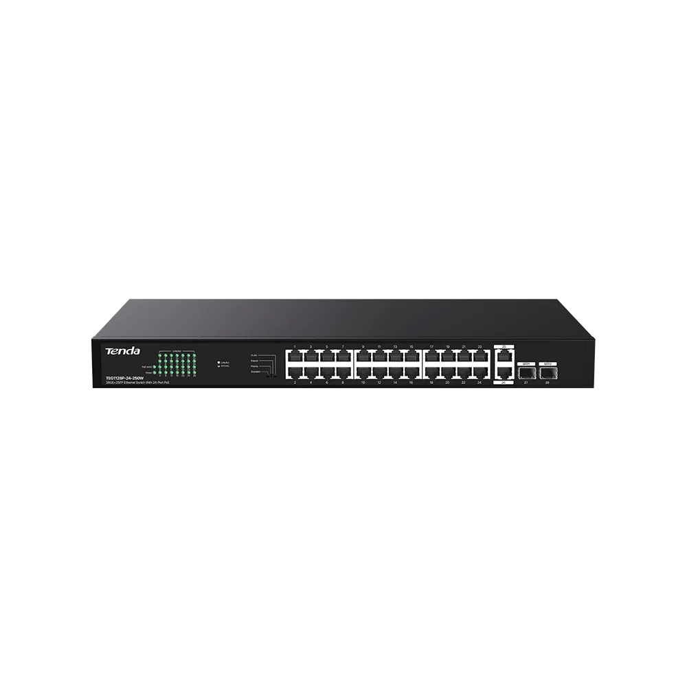 SWITCH TENDA unmanaged, 24 porturi POE+ RJ-45 gigabit, 2 porturi uplink gigabit RJ-45 si 2 porturi SFP IEEE 802.3af/at, max PoE 250W, metalic "TEG1128P-24-250W"  (timbru verde 2 lei)