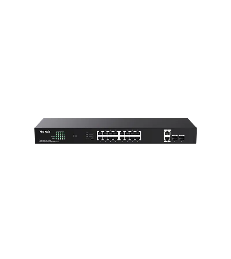SWITCH TENDA unmanaged, 16 porturi POE RJ-45 gigabit, 2 porturi uplink gigabit RJ-45 si 2 porturi SFP IEEE 802.3af/at, max PoE 250W, metalic "TEG1120P-16-250W"  (timbru verde 2 lei)