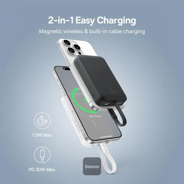 POWER BANK Baseus Magnetic Mini Wireless, 10000mAh, 30W, 2 x USB Type-C output/input, 15W wireless charging, cablu integrat USB Type-C, negru, "P1002210B113-00" (timbru verde 0.98 lei) - 6932172642785