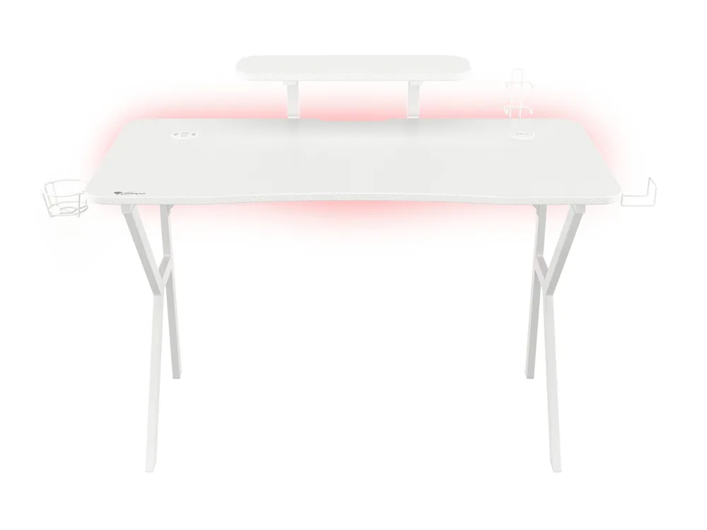 Birou gaming Genesis Holm 320 RGB, cadru din metal, MDF textura tip carbon, iluminare RGB, management cabluri, alb