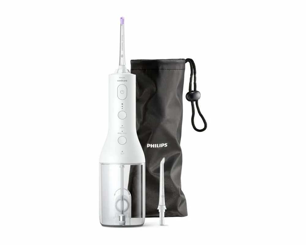 Irigator bucal PHILIPS Sonicare Cordless Power Flosser 3000 HX3826/31, Tehnologie QuadStream, Portabil, 2 moduri de curatare, 3 niveluri de intensitate , 2 x capete de curatare si 1 x husa trasport, Alb, L x A x I (mm) 92x134x247
