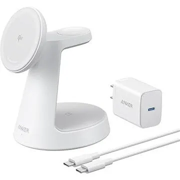 Stand cu incarcare wireless 3 in 1 Anker, MagGo 3-in-1, 15W, fast charge, pentru iPhone seriile 12-16. apple Watch si AirPods, cablu USB-C inclus, 1 x USB-C incarcare, alb, "B25M4G21" (timbru verde 0.18 lei) - 0194644206772