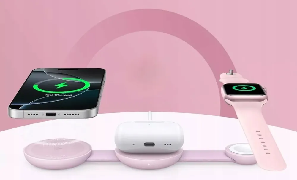 Stand cu incarcare wireless 3 in 1 Anker, MagGo 3-in-1, 15W, portabil, pliabil, fast charge, pentru iPhone seriile 12-16, Apple Watch, AirPods, 1 x USB-C incarcare, roz, "B25M8H51" (timbru verde 0.18 lei) - 0194644286729
