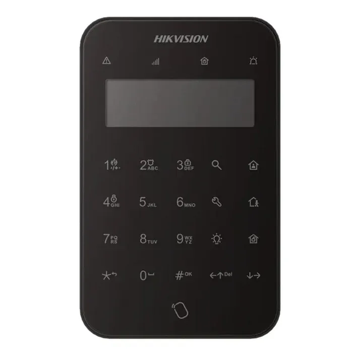 Tastatura wireless LCD AX PRO Hikvision DS-PK1-LT-WE/BK, 868MHz two-way Tri-X wireless technology; distanta comunicare RF : 1200m camp deschis; stay/away arm, disarm, silent alarm, output control; complet configurabil la distanță prin APP; baterii: 4 x CR123 incluse, durata de viata a bateriei: 2